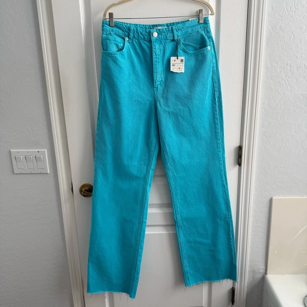 NWT ZARA Full Length High Waist Wide Leg Turquoise Jeans Five Pocket Size 10 - Picture 6 of 17